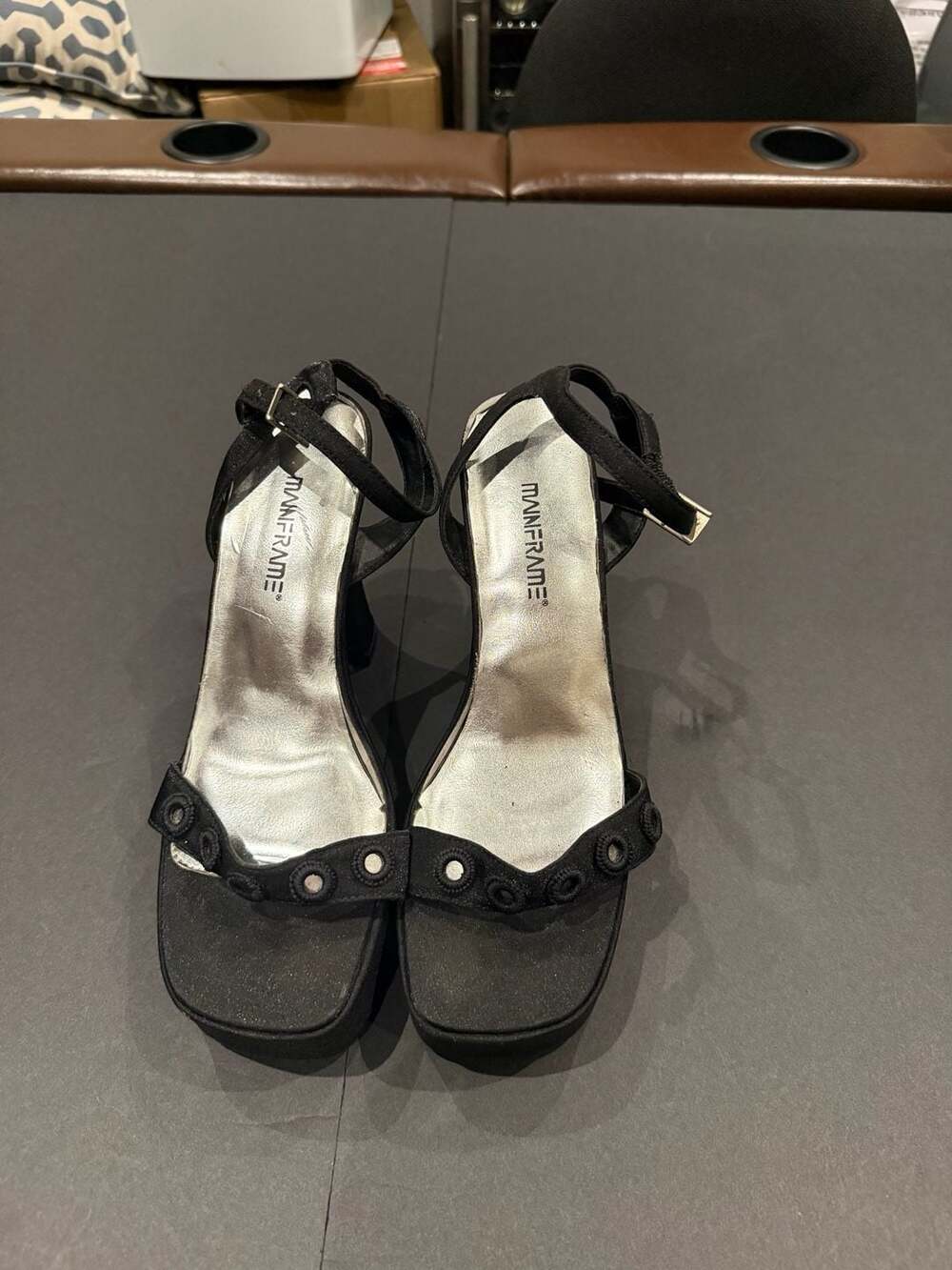 Mainframe Black Fabric Ankle Strap Platform Block Heel Sandals Size 7.5